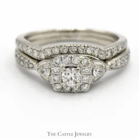 1cttw Diamond Bridal Set with Diamond Accents and Matching Curved Band in 14k White Gold