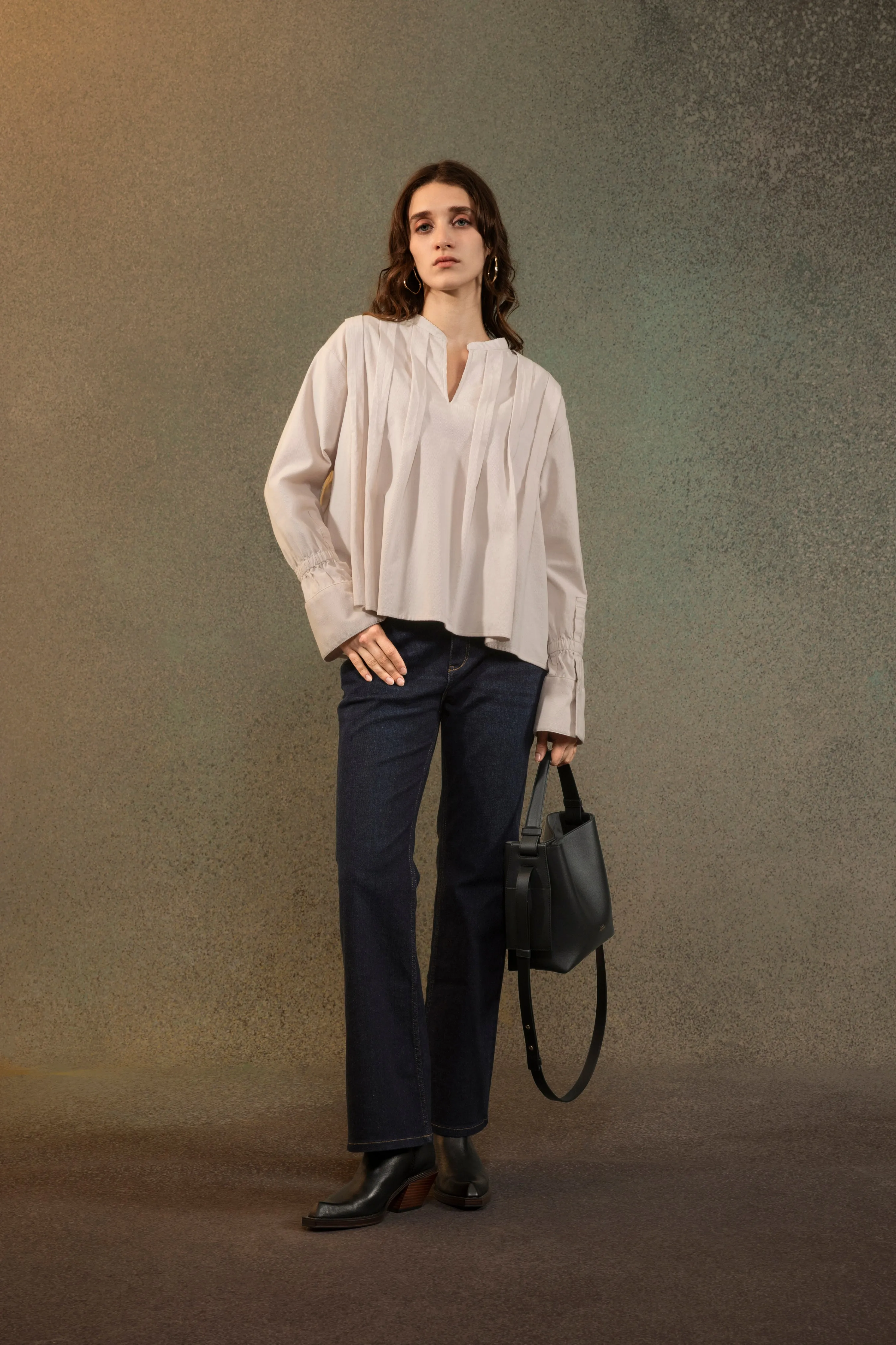 Band Collar Pleated Blouse