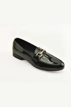 BLACK SHINY GUCCI BUCKLE MOCCASIN