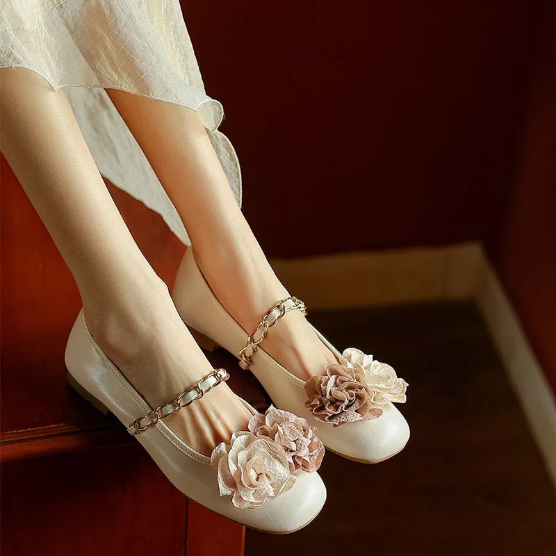 Elegant Sheepskin Strap Flower Detail Mary Jane Round Toe Flats in Beige/Silver