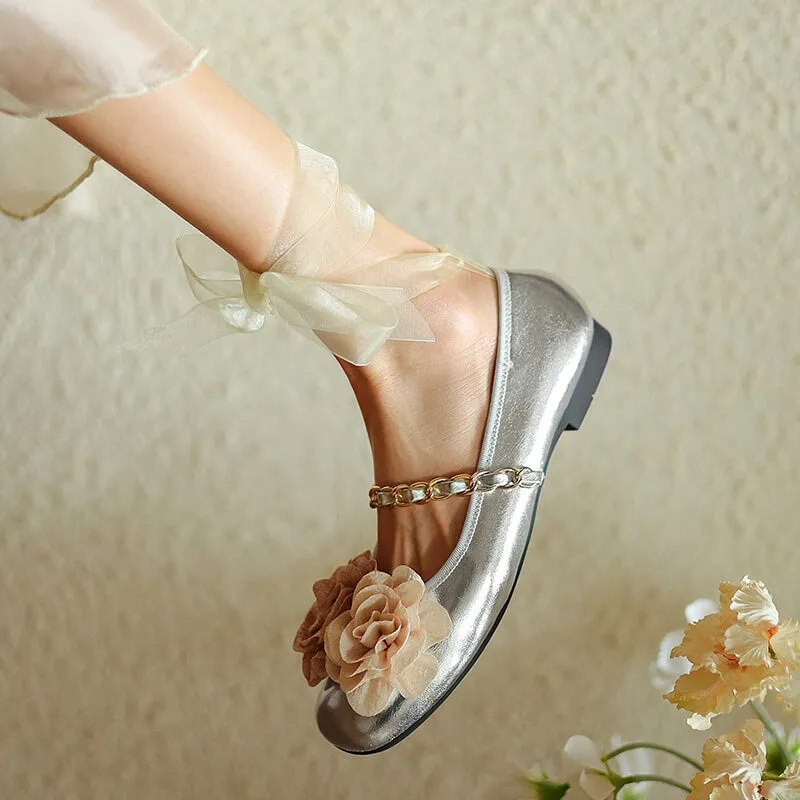 Elegant Sheepskin Strap Flower Detail Mary Jane Round Toe Flats in Beige/Silver