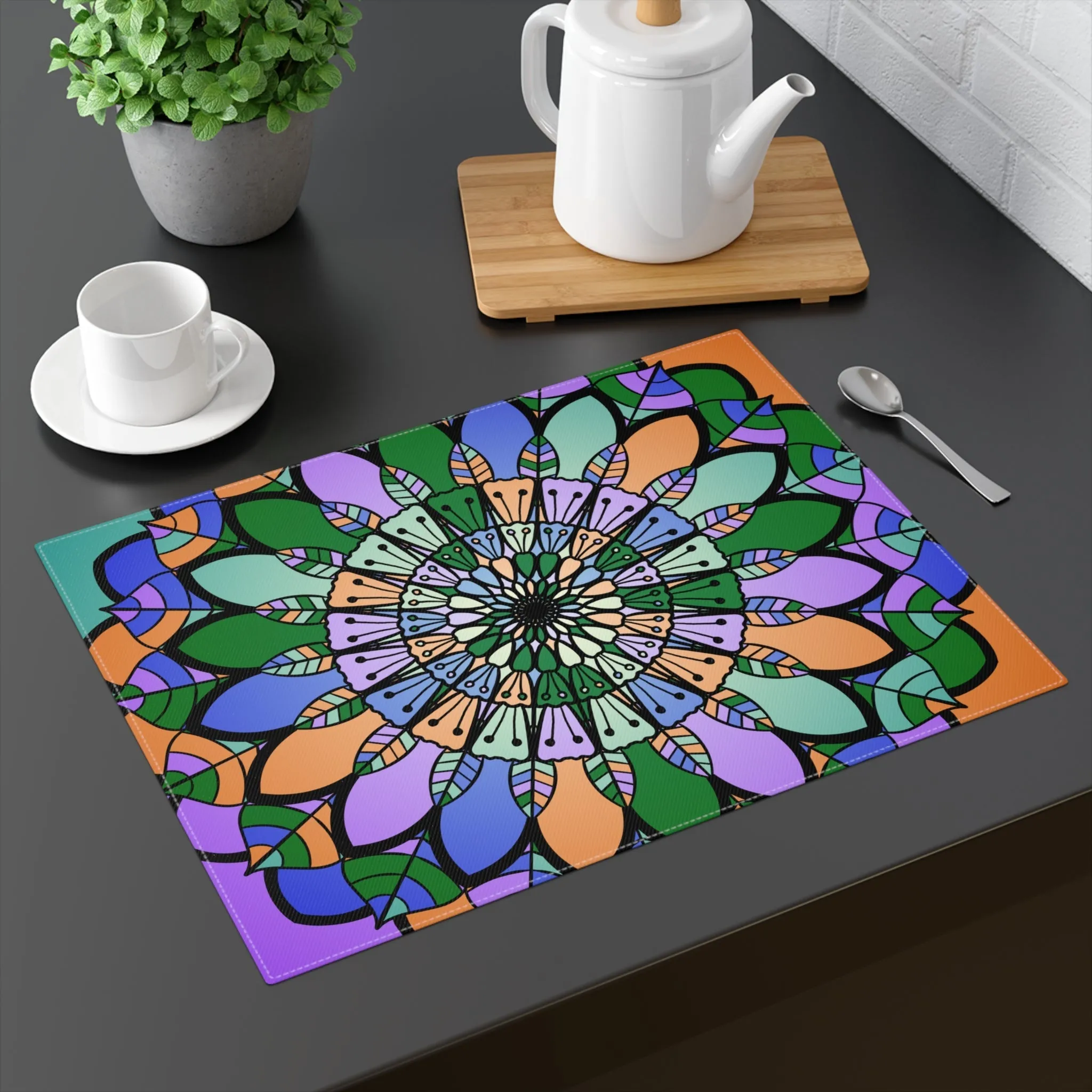 Hand-Drawn Mandala Placemat - Green-Purple-Orange, 1pc