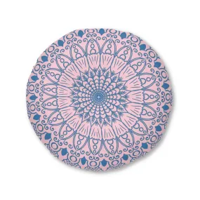 Handmade Mandala Art Floor Cushion - Steel Blue on Pastel Pink - Round