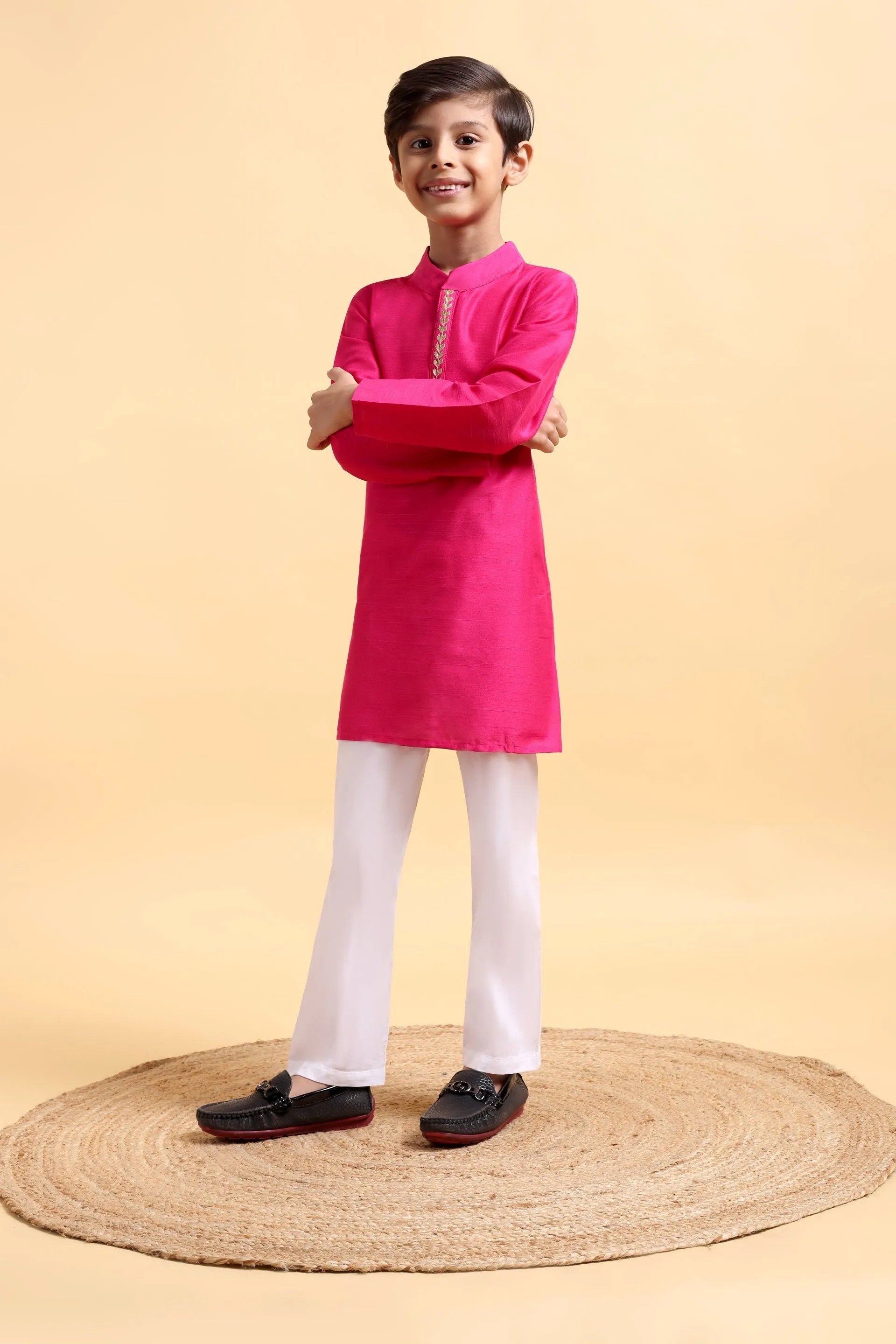 Hot Pink Embriodery Cotton silk Kurta & Pajama Set