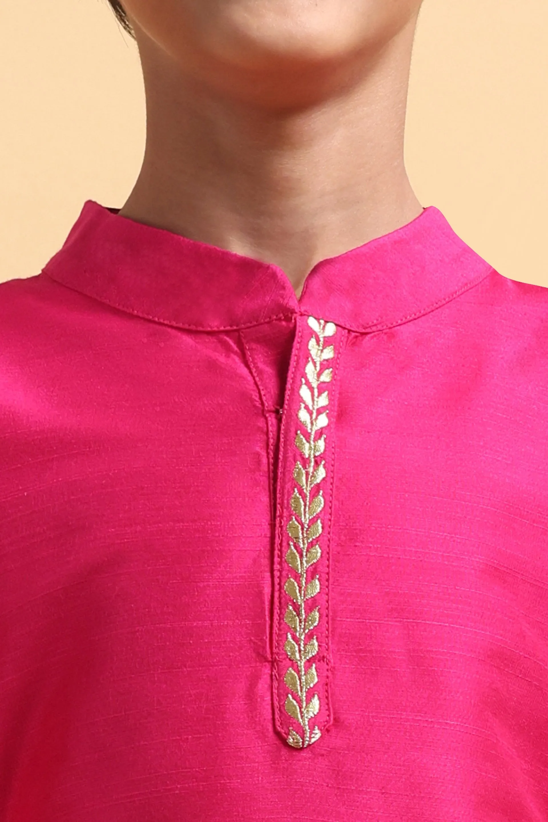 Hot Pink Embriodery Cotton silk Kurta & Pajama Set