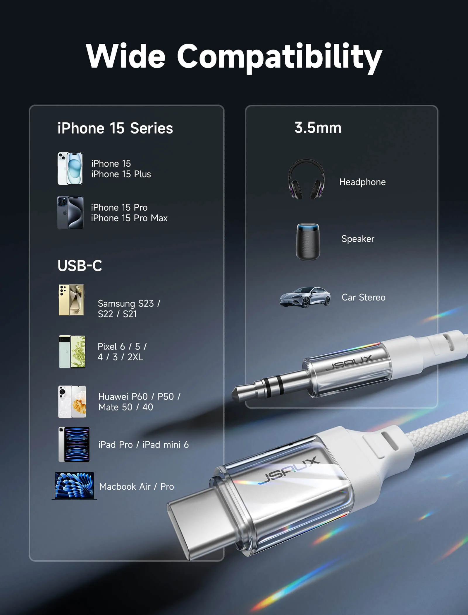 USB C to 3.5mm Transparent Audio Cable